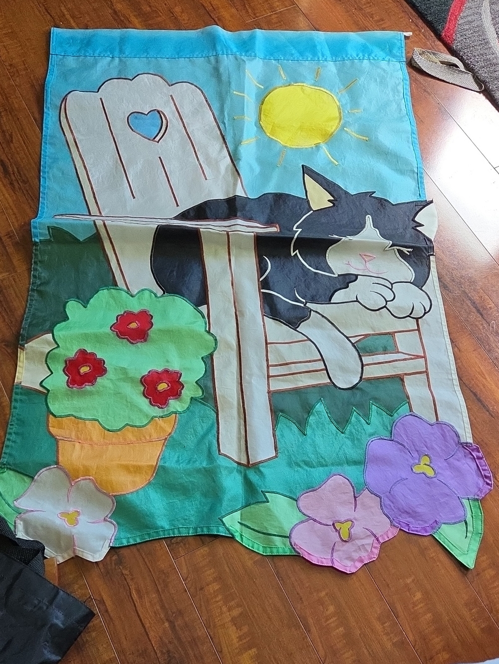 Cat Garden Flag - Blue with Black & White Cat
